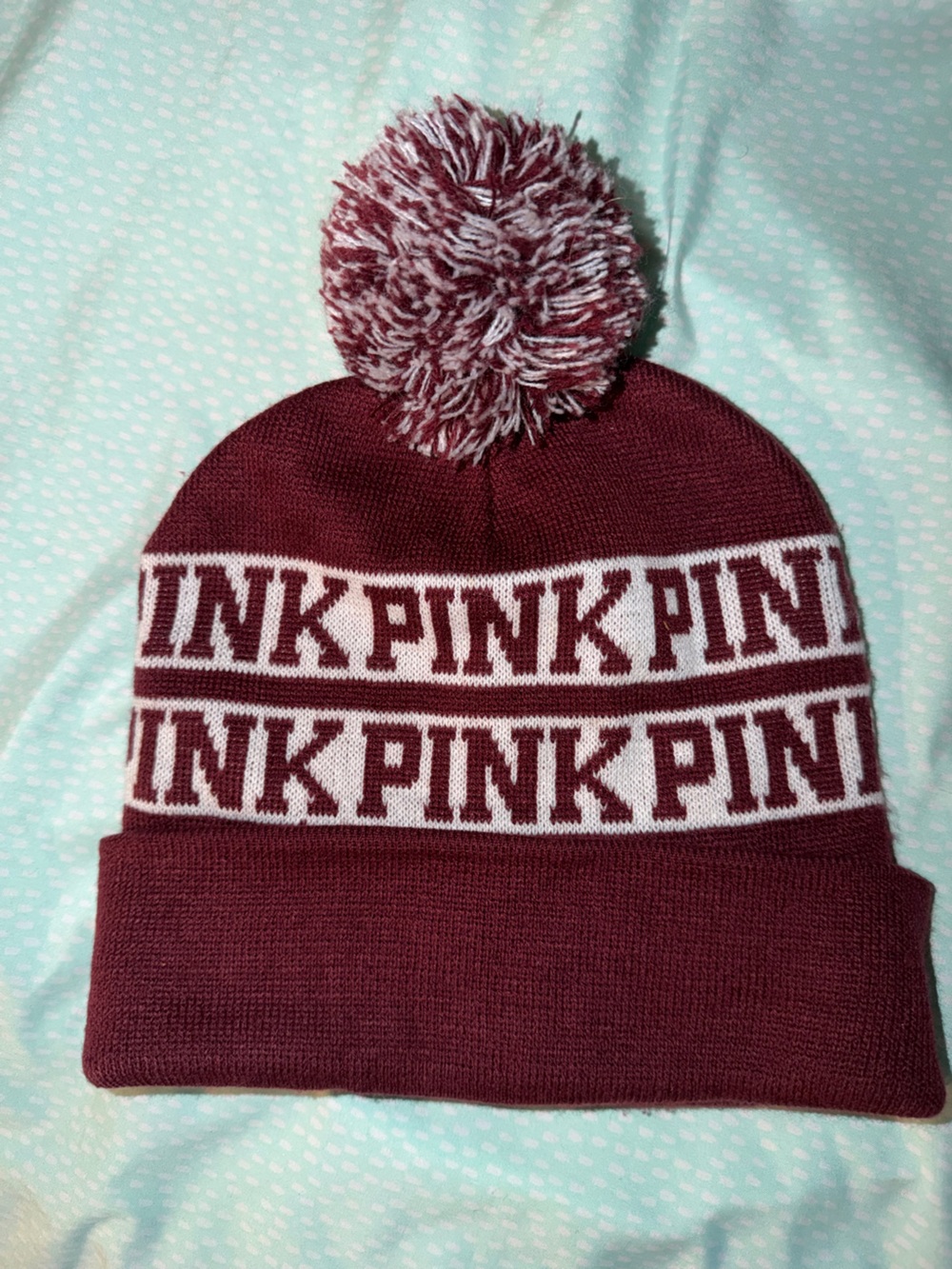 PINK Victoria's Secret Maroon & White Pom Beanie